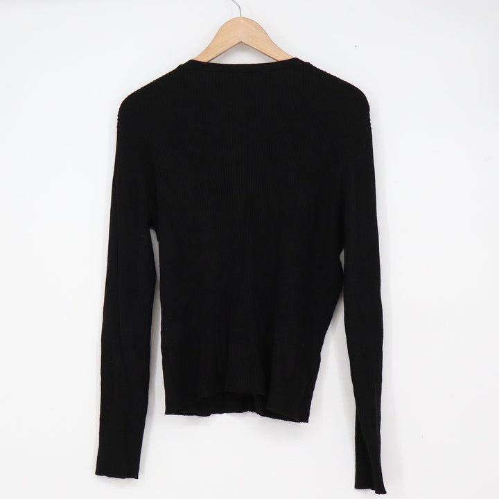Black Ribbed V-Neck Cardigan Sweater Slim Fit Long Sleeve Button Up Top Medium