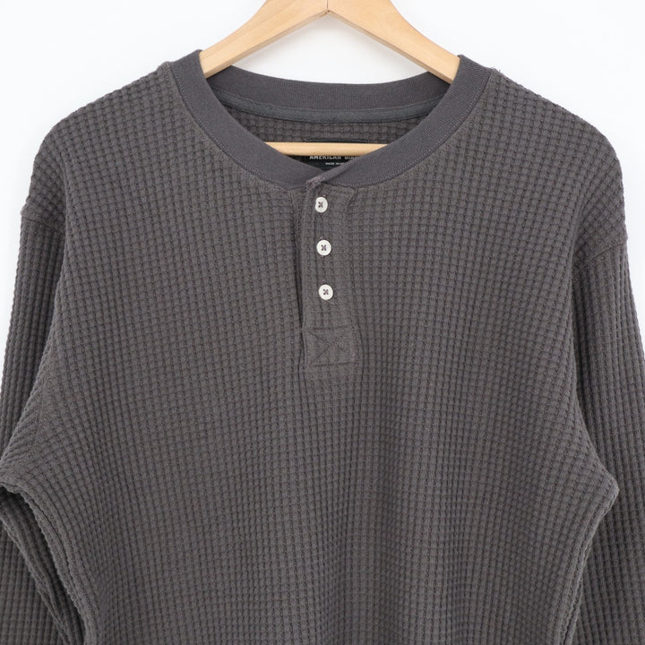 American Giant T-Shirt Men Large Gray Cotton Stretch Waffle Knit Henley Neck