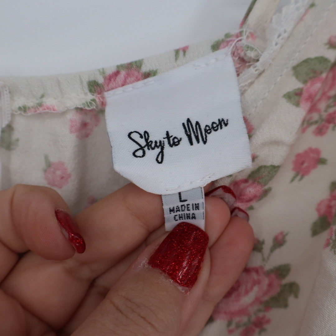 Sky to Moon Floral Print Mini Dress Lace Trim Tie Front L