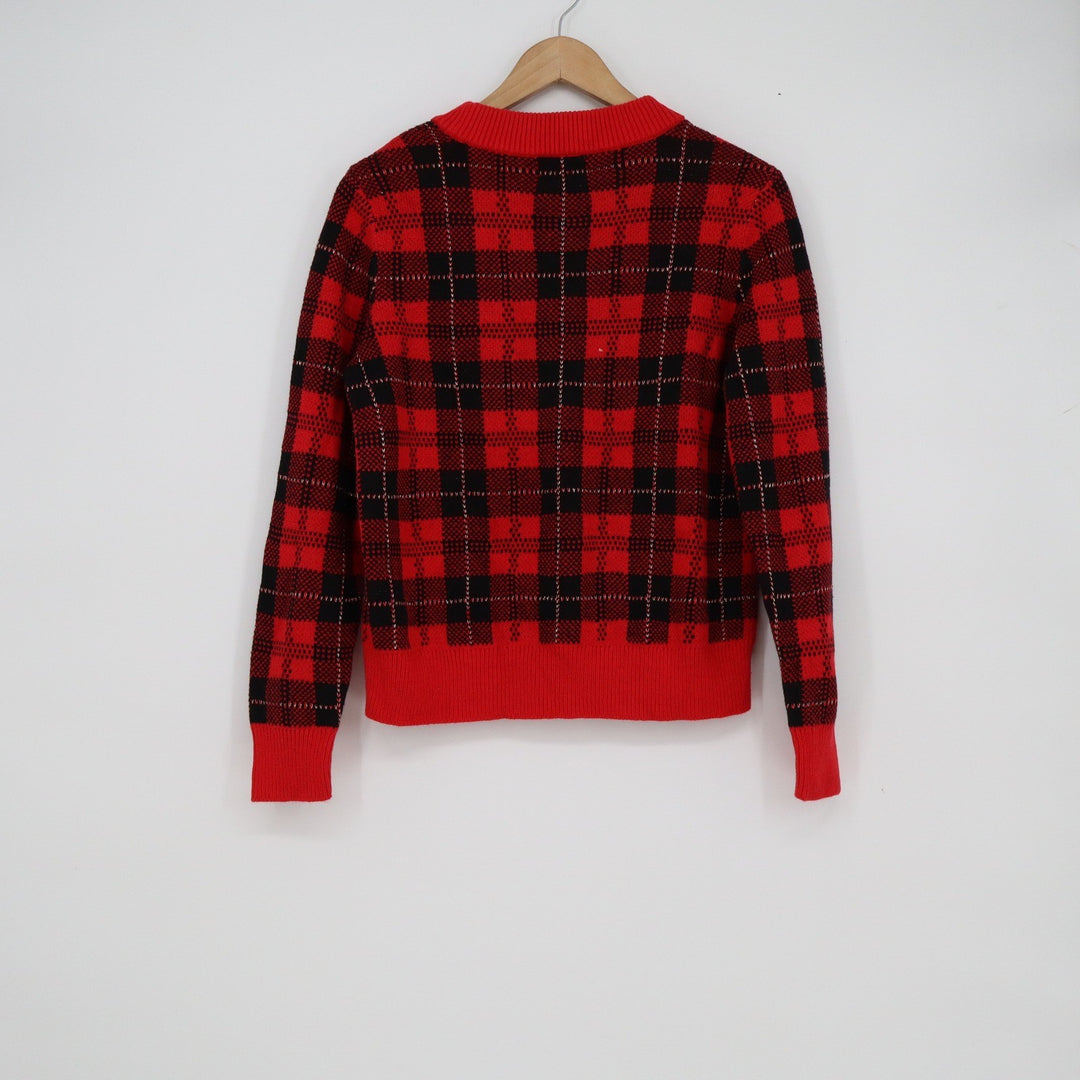 Style & Co Petite Red Black Buffalo Plaid Metallic Pullover Sweater