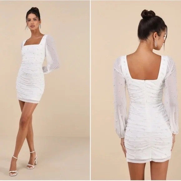 Lulus Admirably Divine White Mesh Pearl Long Sleeve Mini Dress Size M