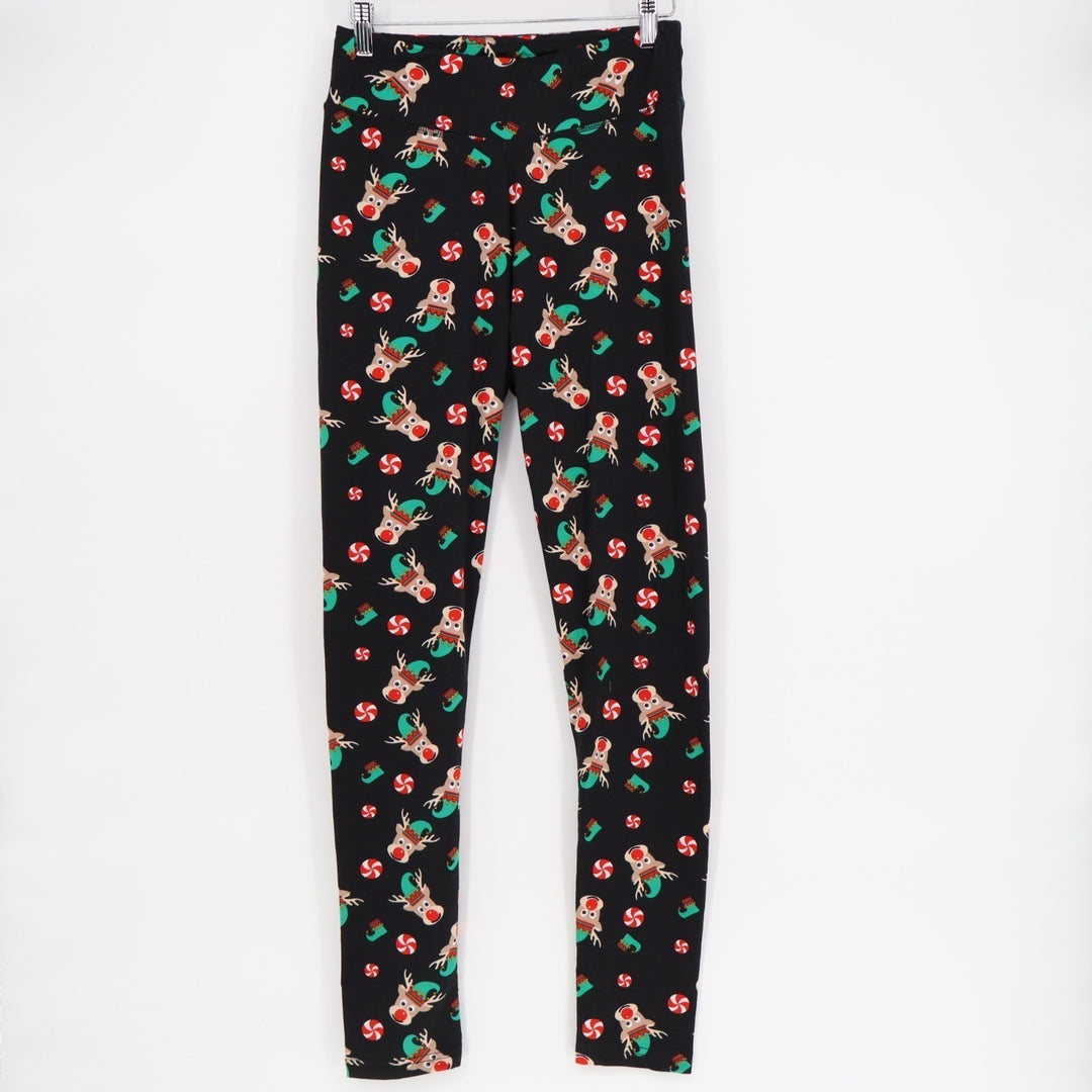 With Love Derek Holiday Leggings Women L Black Reindeer Peppermint Candy Stretch