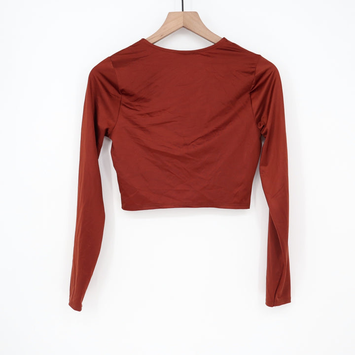 Calia LS Ruched Rashguard Red Brown Shine Long Sleeve Crop Swim Top S