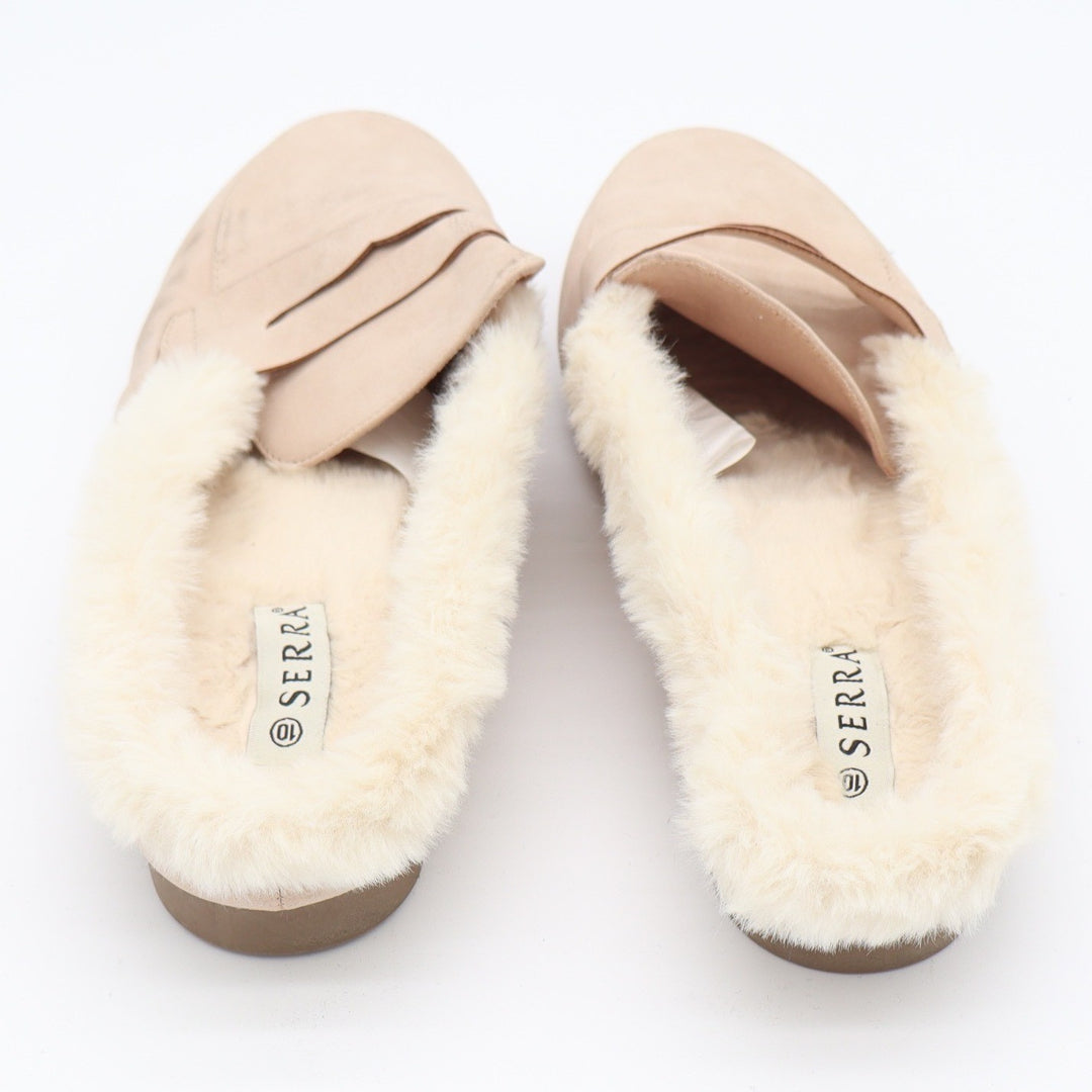 Serra Womens Tan Faux Suede Penny Loafer Mules Faux Fur Lined Size 10