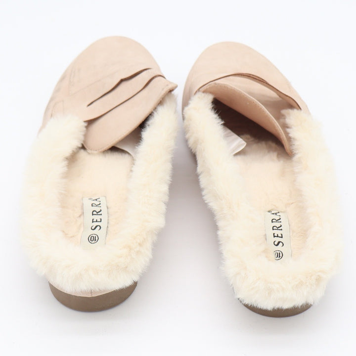 Serra Womens Tan Faux Suede Penny Loafer Mules Faux Fur Lined Size 10