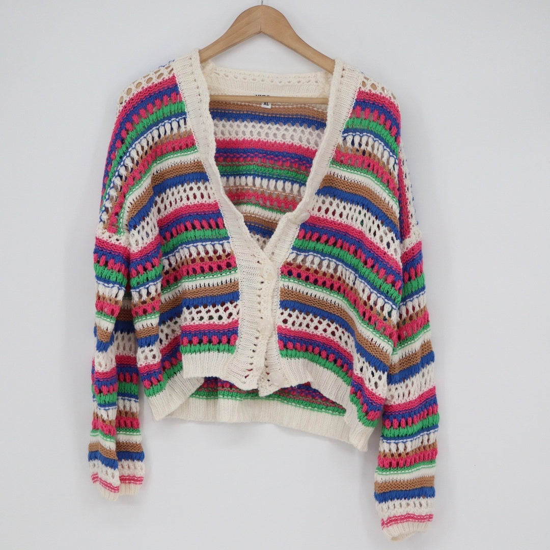 Vigoss Multicolor Striped Crochet Knit Cardigan Sweater XL Button Front Boho