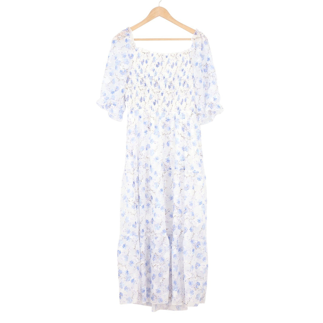 Sissyaki Blue Floral Smocked Midi Dress Square Neck Puff Sleeve Large