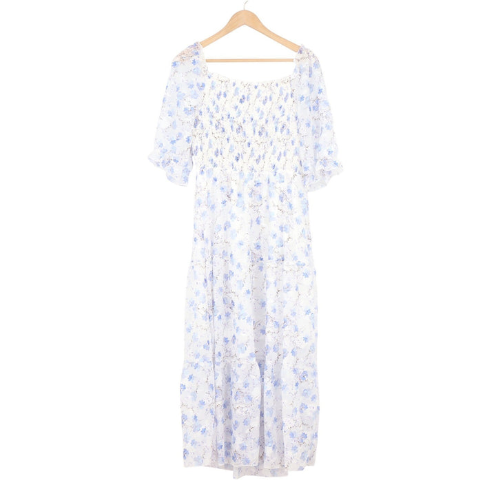 Sissyaki Blue Floral Smocked Midi Dress Square Neck Puff Sleeve Large