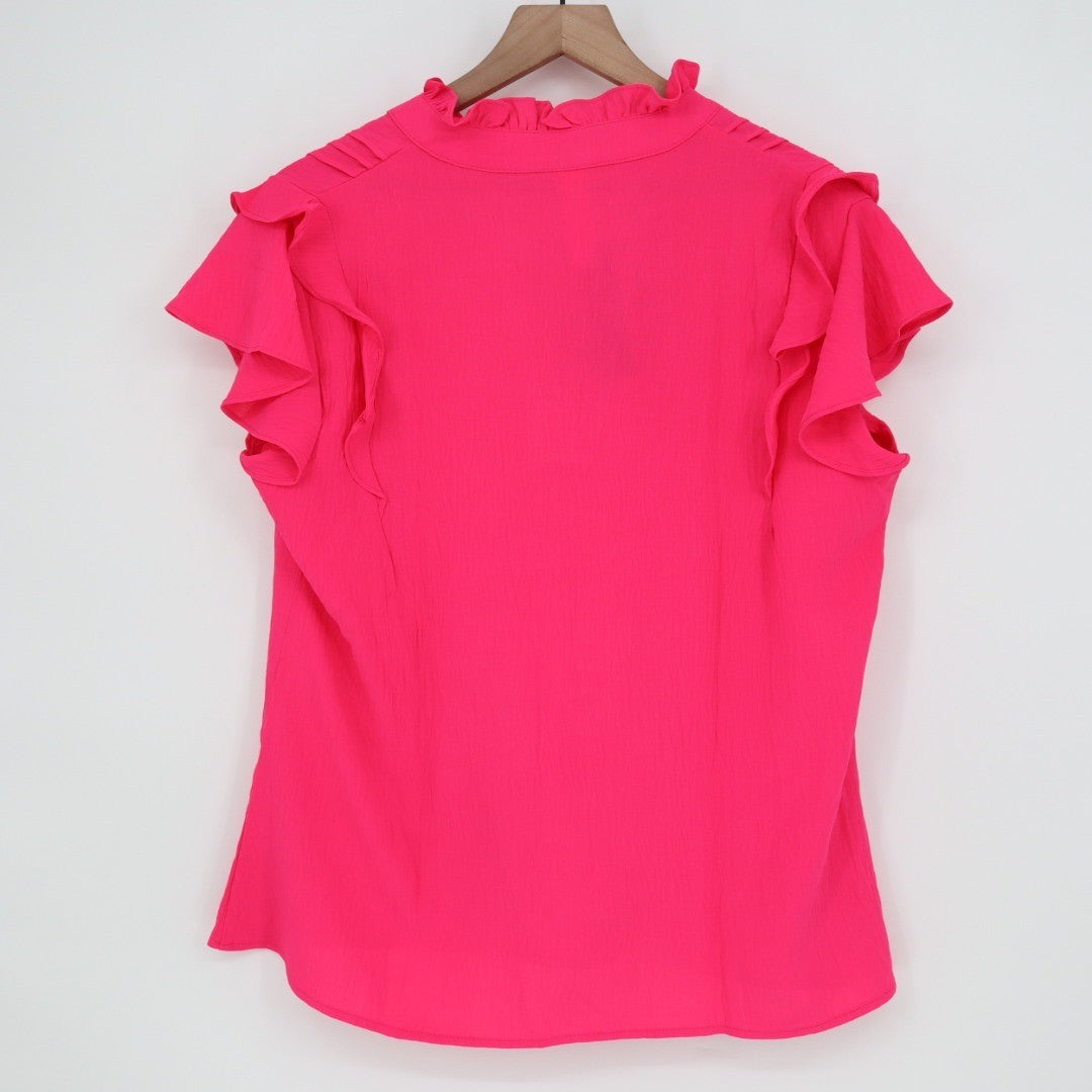 Blooming Jelly Pink Ruffle Mock Neck V-Neck Short Sleeve Blouse Top Plus Size L