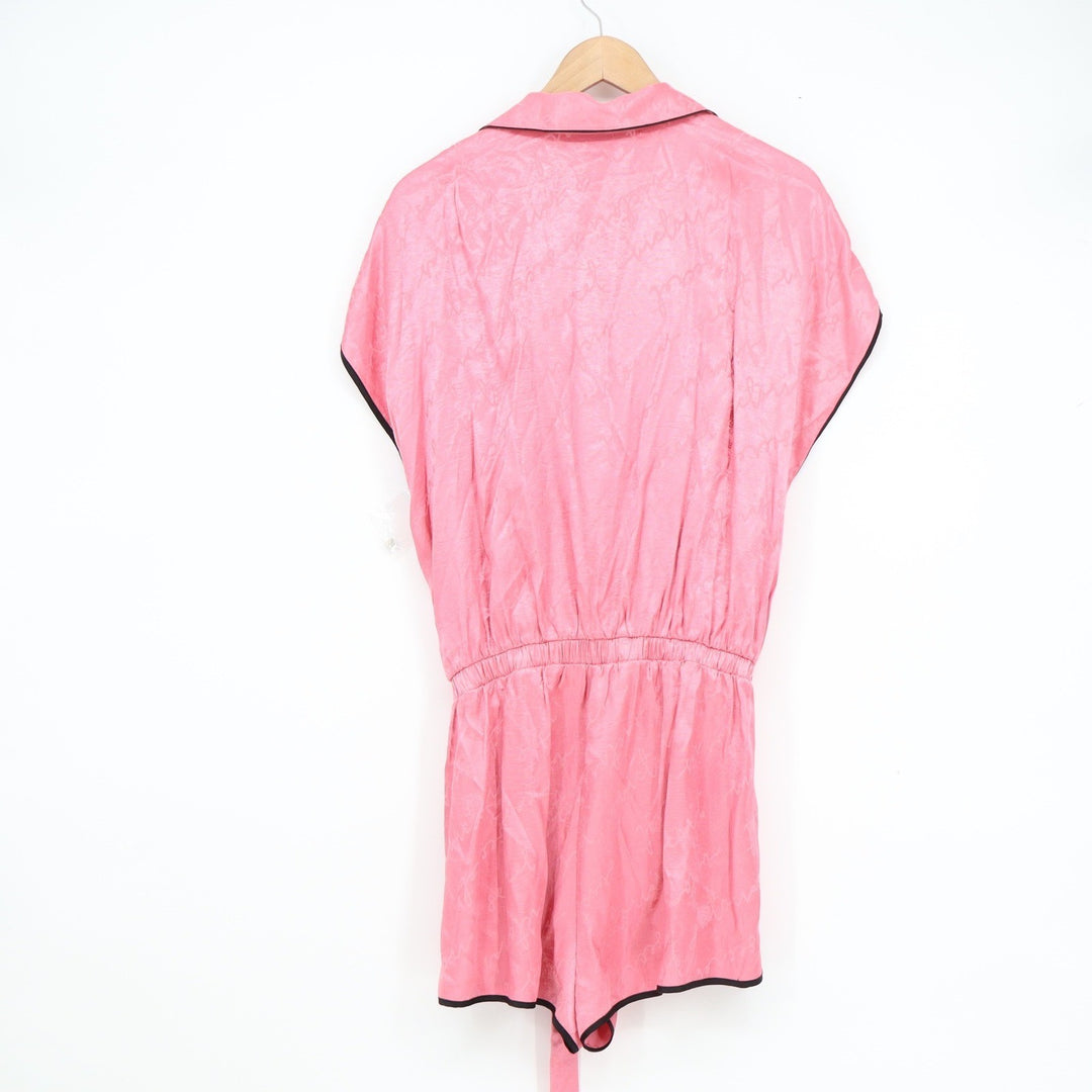 Victoria's Secret Pink Satin Logo Script Romper XL Short Sleeve Button Front
