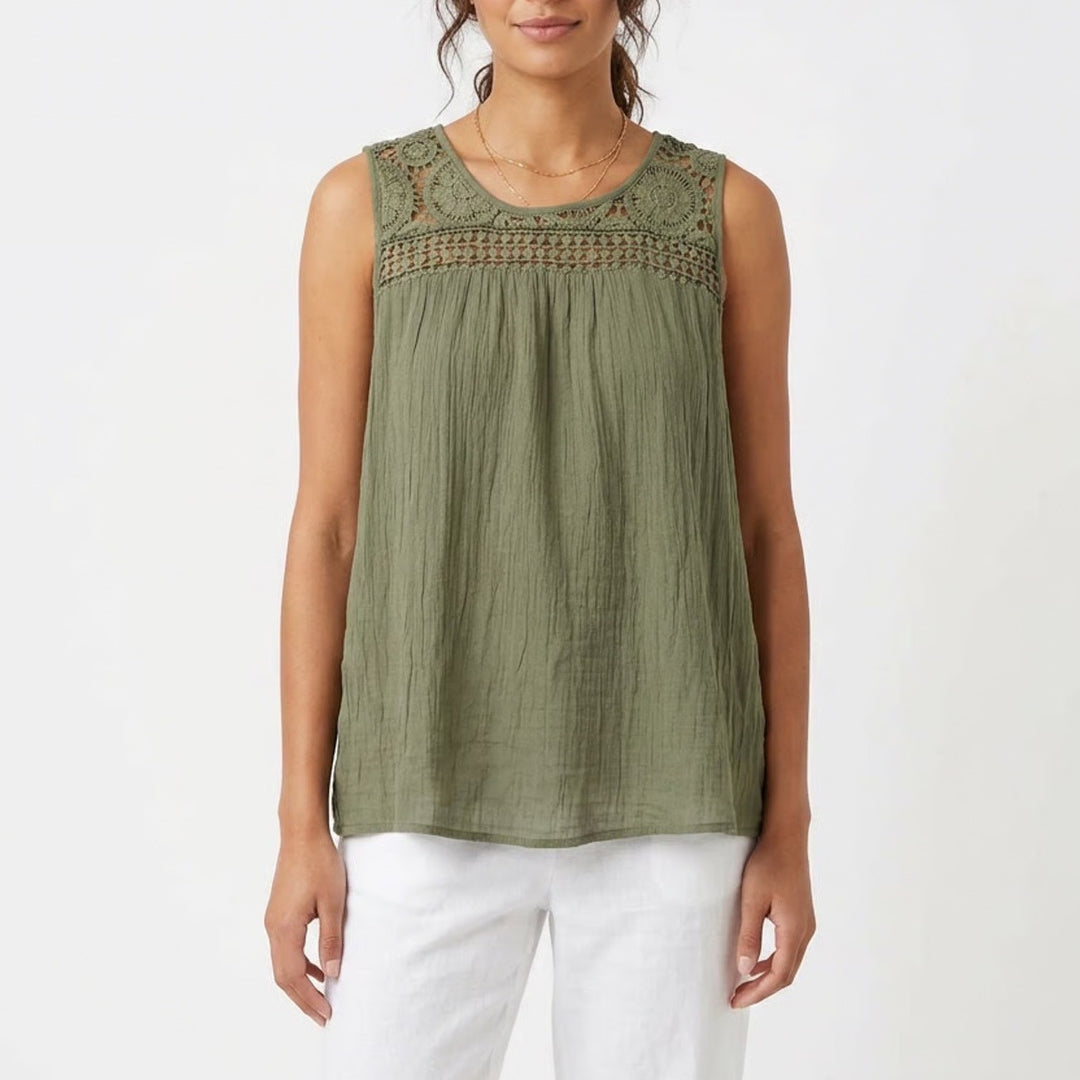 Olive Green Crochet Lace Yoke Sleeveless Boho Tank Top XXL Crinkle Texture