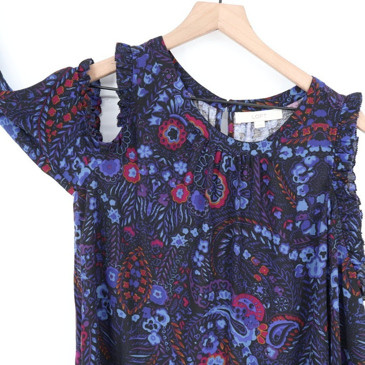 LOFT Blouse Womens Medium Multi Floral Ruffle Smocked Cold Shoulder Long Sleeve