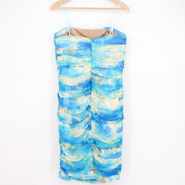 Carmen Marc Valvo Blue Silk Ruched Beaded Floral Cocktail Dress Size 12