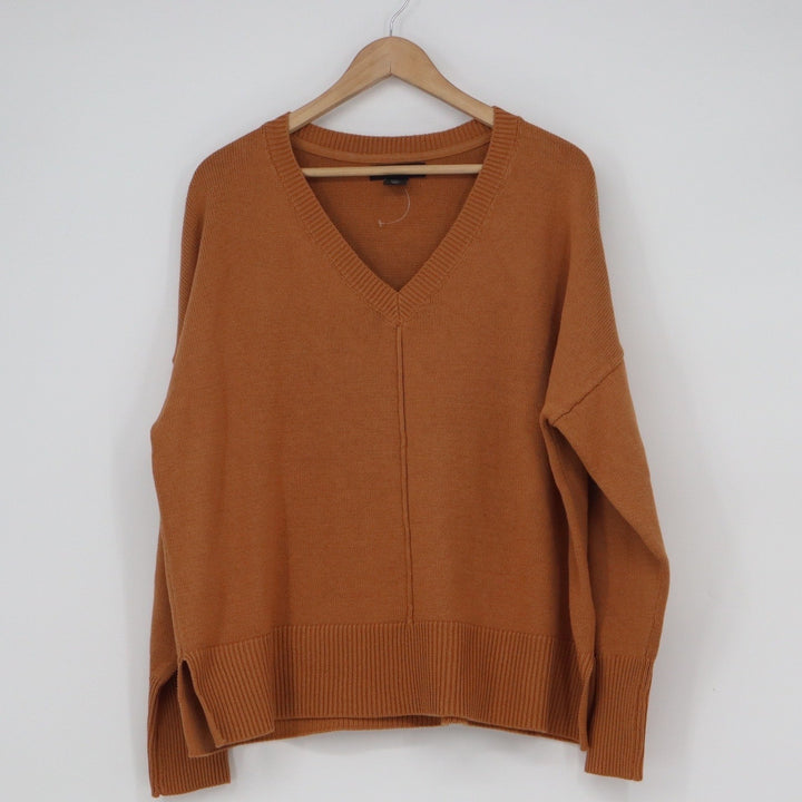 Tahari Womens XL Burnt Orange V-Neck Cotton Blend Relaxed Knit Sweater