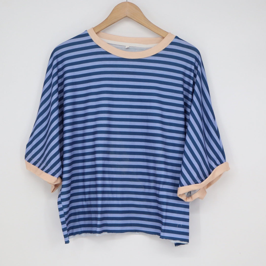 Blue Striped Ringer Tee Short Sleeve Relaxed Fit Boxy Crew Neck Top Small