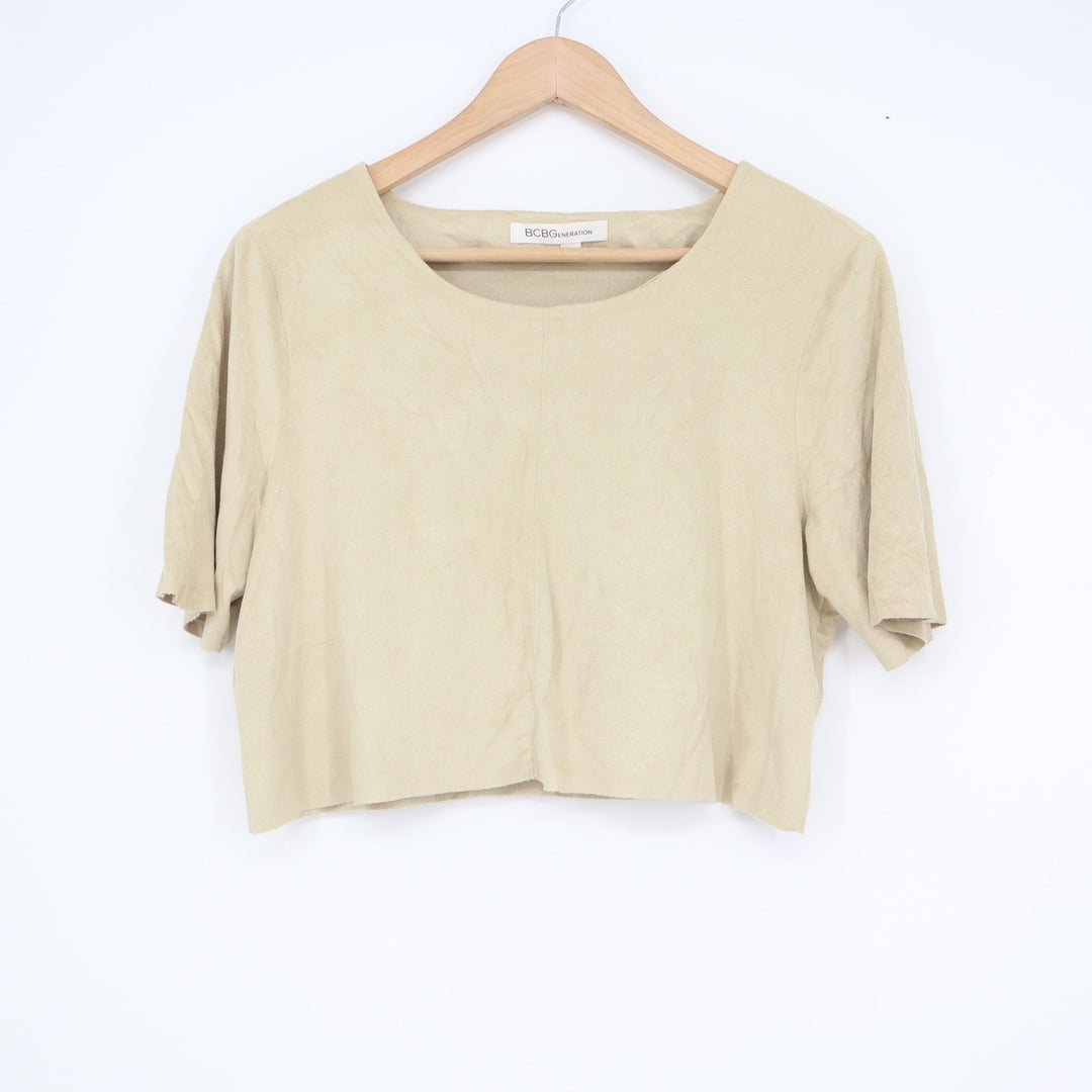 BCBGeneration Tan Beige Faux Suede Short Sleeve Crop Top Size M Raw