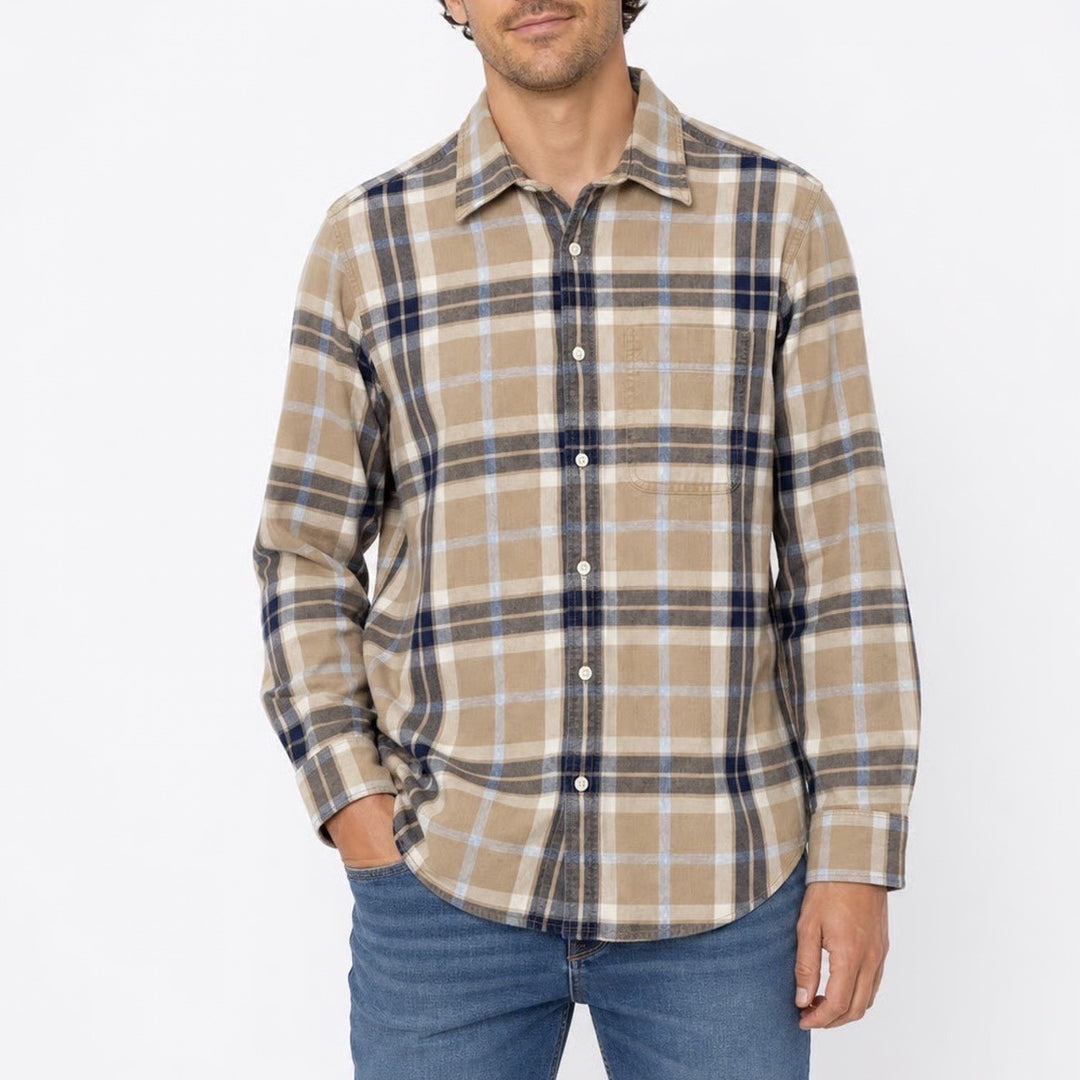 American Eagle Super Soft Plaid Button Down Shirt Mens Medium Tan Navy Blue