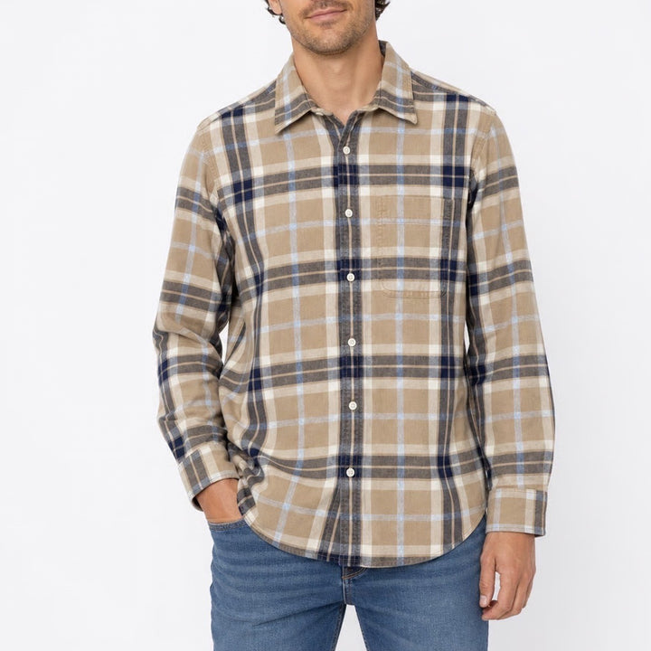 American Eagle Super Soft Plaid Button Down Shirt Mens Medium Tan Navy Blue
