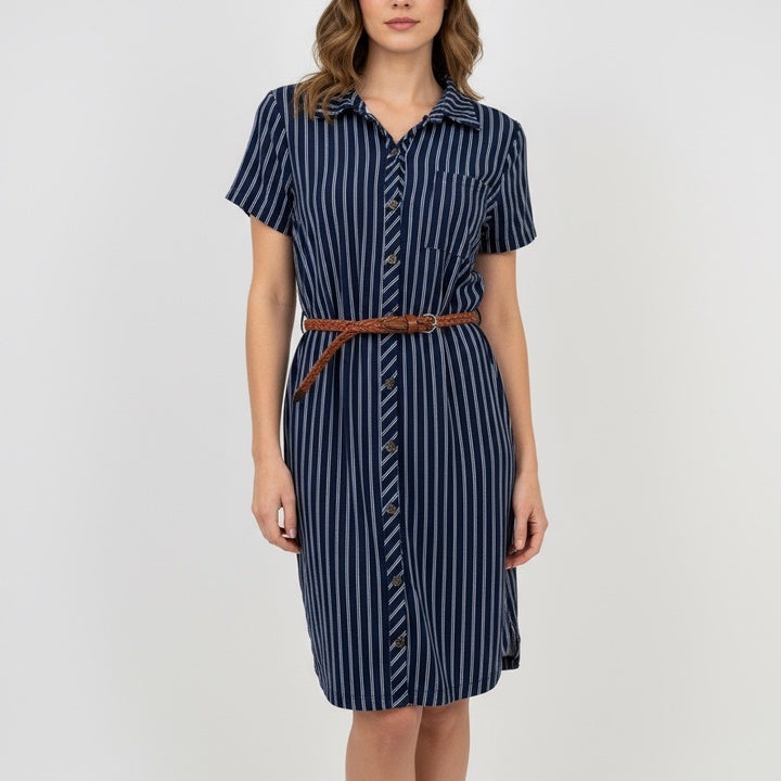 No Comment NYLA Striped Shirt Dress Brown Belt Short Sleeve Medium