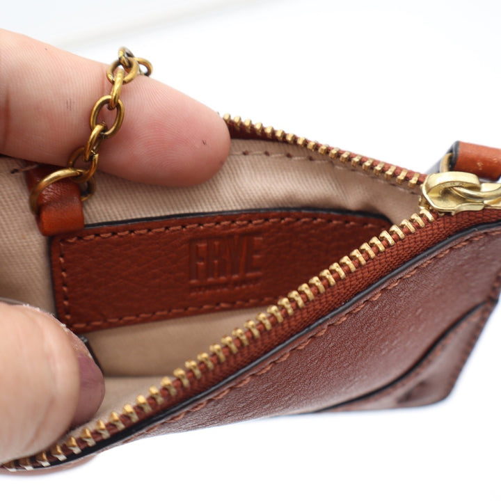 Frye Logan Cognac Brown Leather Zip Card Case Wallet with Key Ring