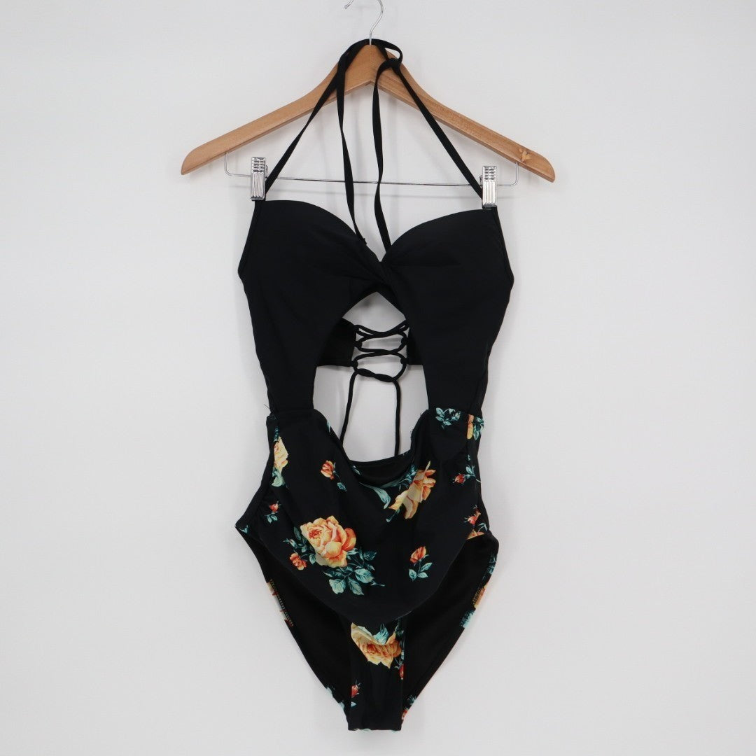 Cupshe One Piece Womens Small Black Floral Stretch Padded Halter Neck Swimsuit