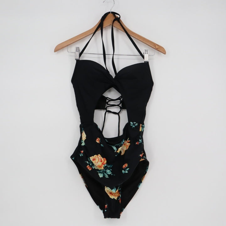 Cupshe One Piece Womens Small Black Floral Stretch Padded Halter Neck Swimsuit