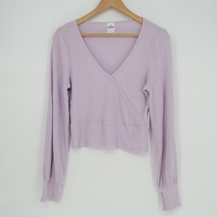 Hollister Faux Wrap Crop Top Womens L Purple Stretch V Neck Long Sleeve Ribbed