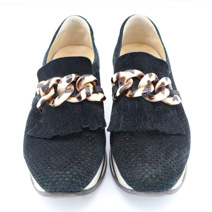 Softwalk Black Suede Platform Loafers Tortoiseshell Chain Kiltie Fringe Size 8