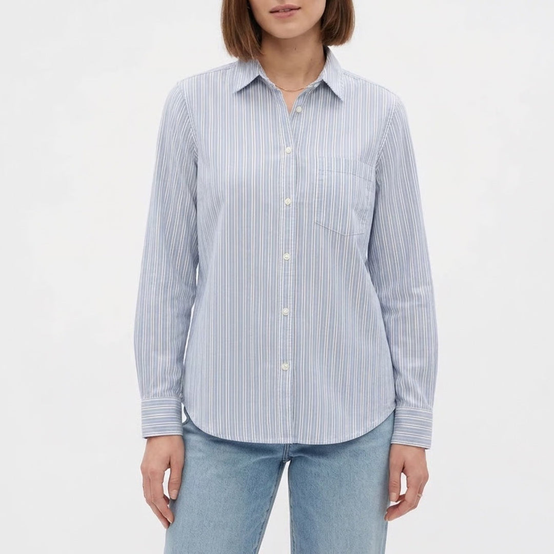 Gap Shirt Womens L White Blue Striped Cotton Spread Collar Long Sleeve Button Up