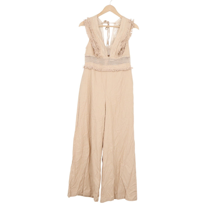 Adalia Tan Crochet Fringe Wide Leg Jumpsuit Boho Festival V-Neck Open Back