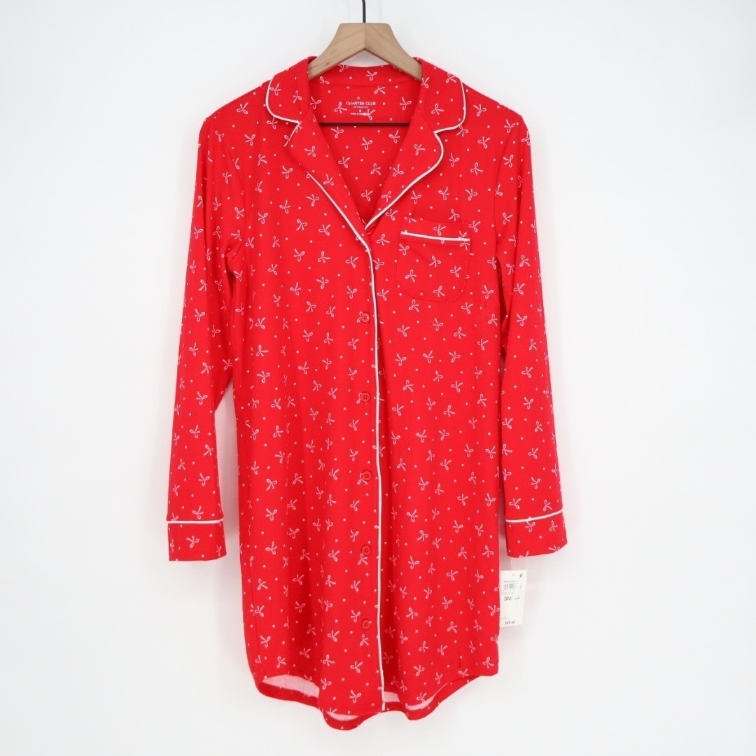 Charter Club Intimates Pajama Shirt Womens S Red Bow Print Stretch Lapel Collar