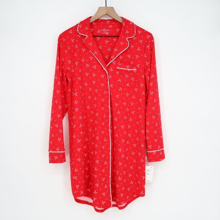 Charter Club Intimates Pajama Shirt Womens S Red Bow Print Stretch Lapel Collar