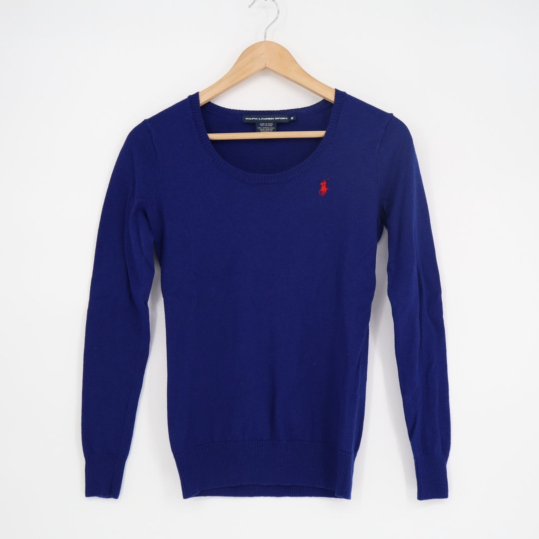 Ralph Lauren Sport Sweater Womens Medium Blue Tight Knit Merino Wool Scoop Neck