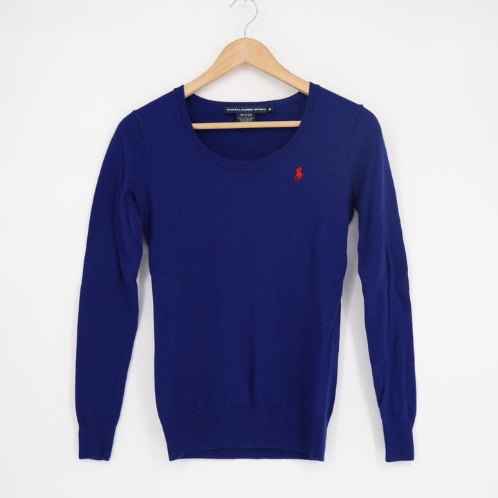 Ralph Lauren Sport Sweater Womens Medium Blue Tight Knit Merino Wool Scoop Neck
