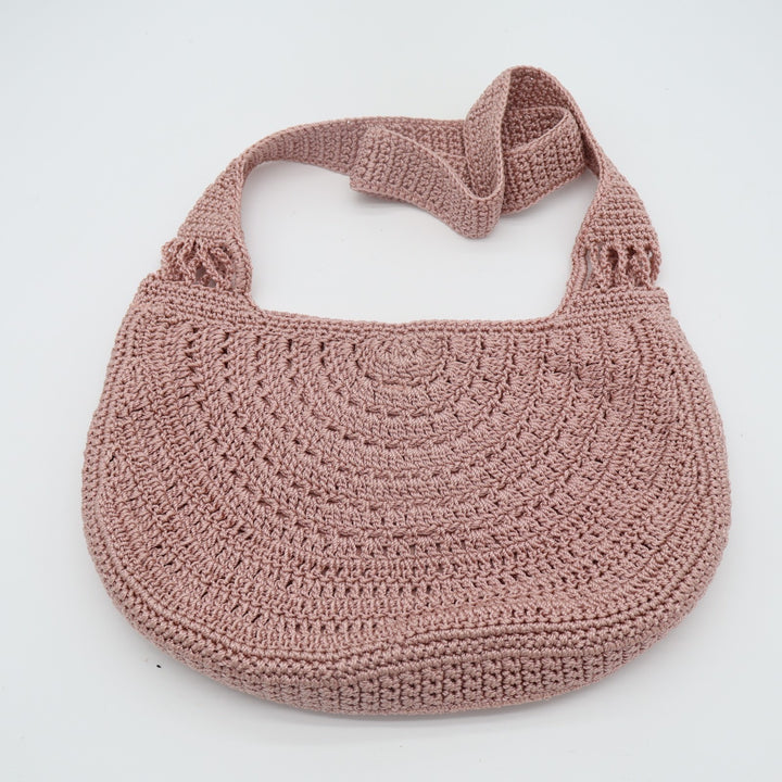 Womens Handbag Mauve Pink Crochet Knit Lined Boho Single Strap Shoulder Bag