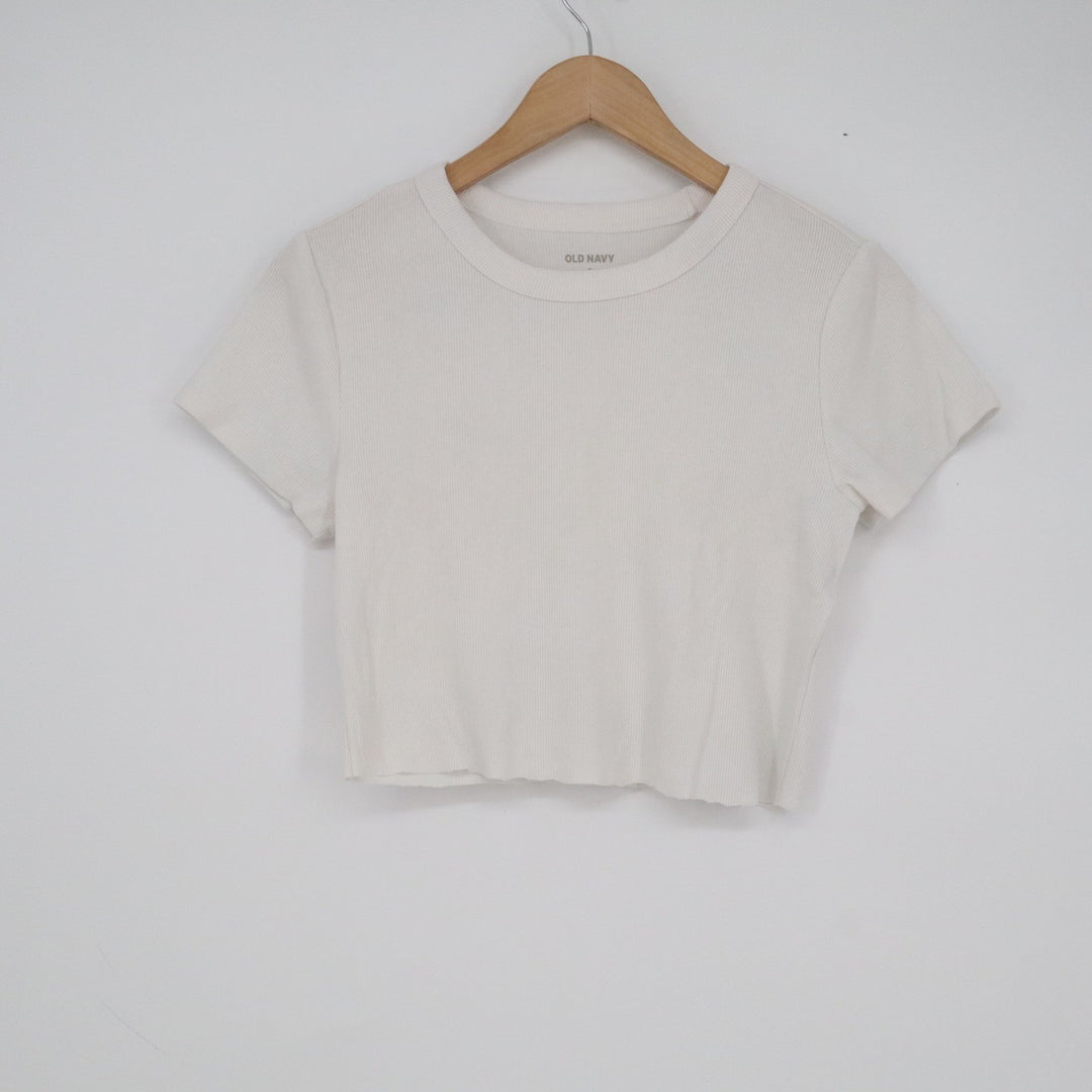 Old Navy Womens White Ribbed Knit Short Sleeve Crew Neck Crop Top Size M