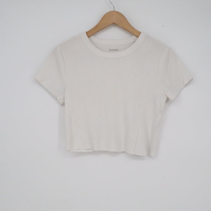 Old Navy Womens White Ribbed Knit Short Sleeve Crew Neck Crop Top Size M