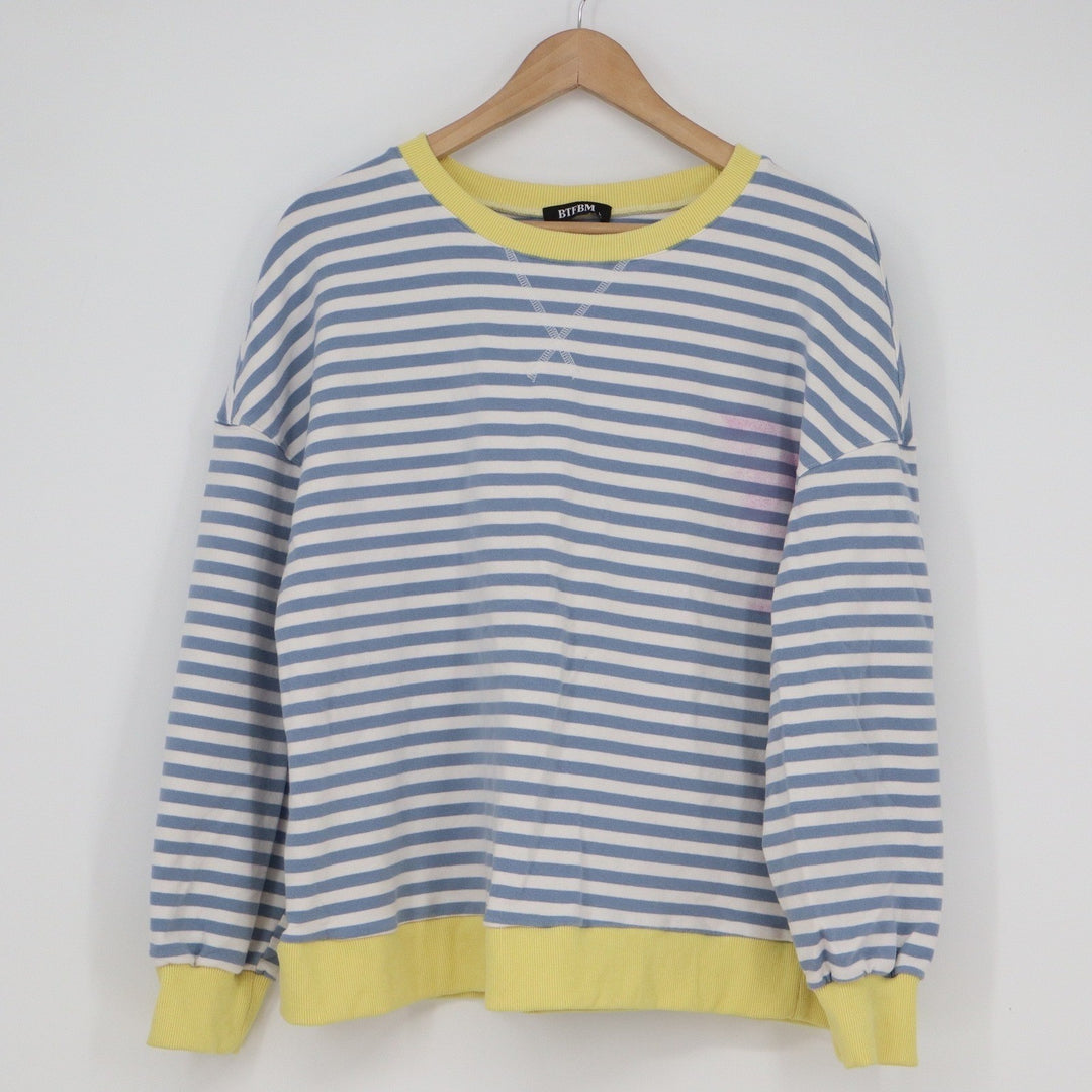 BTFBM Womens Blue White Striped Sweatshirt Yellow Trim Size L
