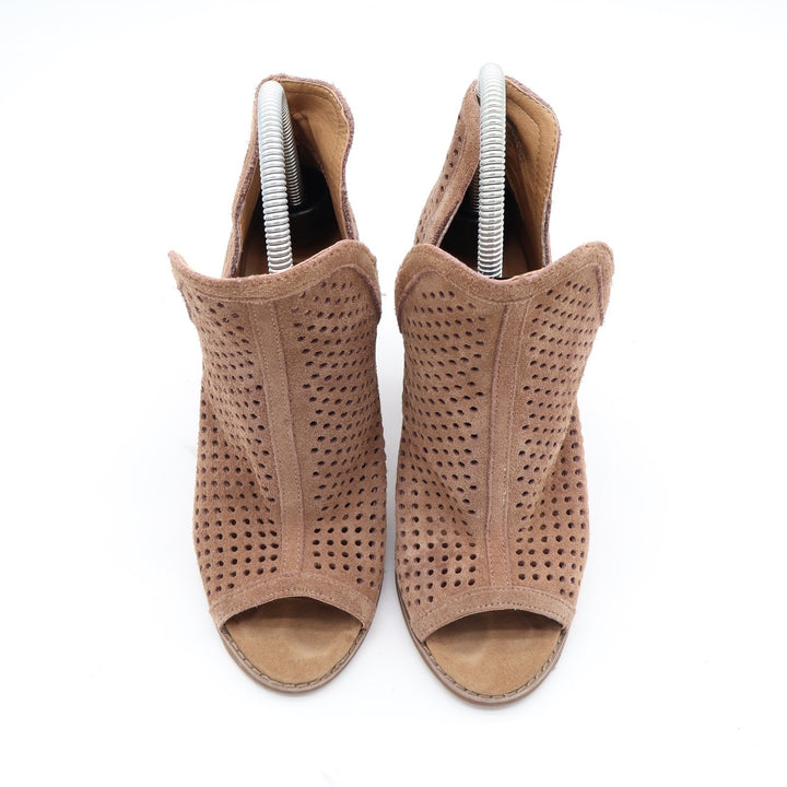 Lucky Brand Larise Tan Perforated Suede Peep Toe Booties Stacked Heel Size 6M