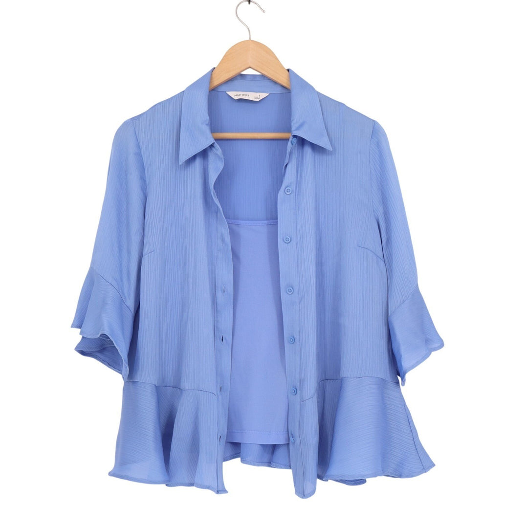 Nine West Shirt Womens Small Blue Button Front Ruffle Detail Peplum Hem Top
