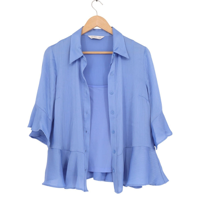 Nine West Shirt Womens Small Blue Button Front Ruffle Detail Peplum Hem Top