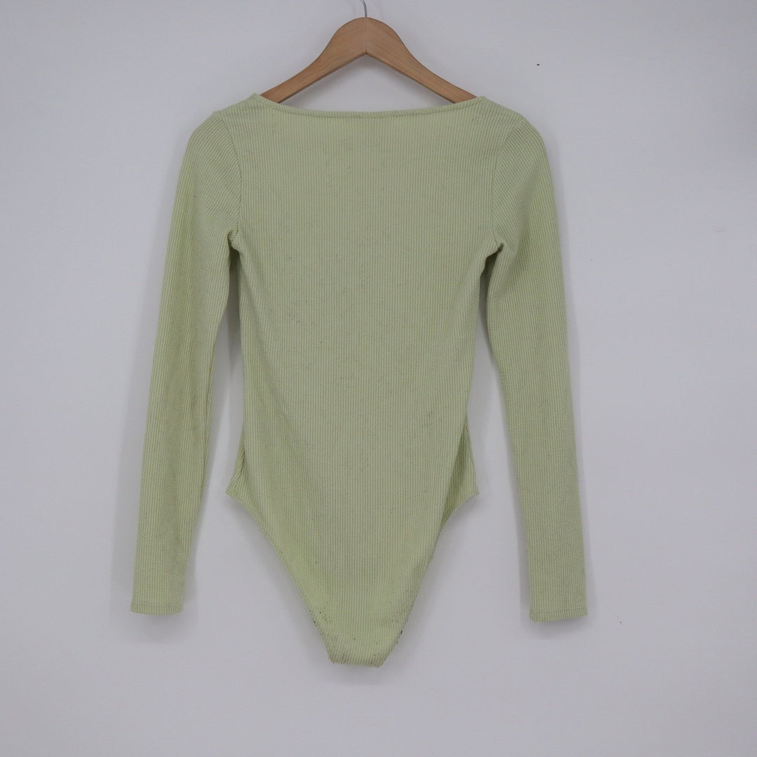 HM Womens Sage Green Ribbed Long Sleeve Sweetheart Neckline Bodysuit Size S