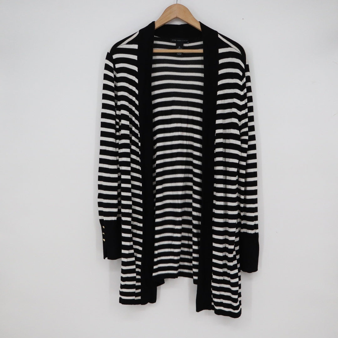 Joan Vass New York Womens XL Striped Open Front Cardigan Black White Gold Button
