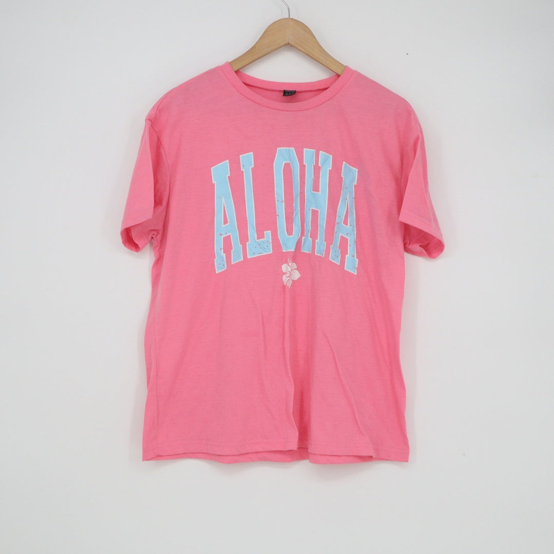 SHEIN Aloha Graphic T-Shirt Pink Blue Distressed Varsity Hibiscus XS