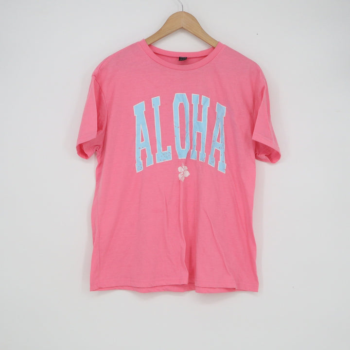 SHEIN Aloha Graphic T-Shirt Pink Blue Distressed Varsity Hibiscus XS