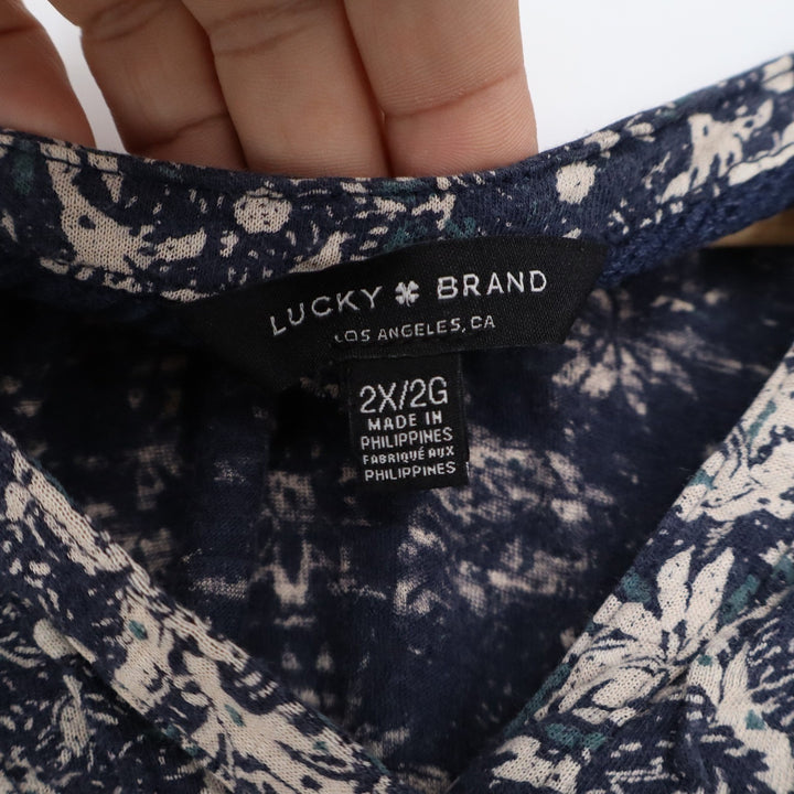 Lucky Brand Womens 2X Indigo Blue Floral Paisley Split V-Neck 3/4 Sleeve Blouse