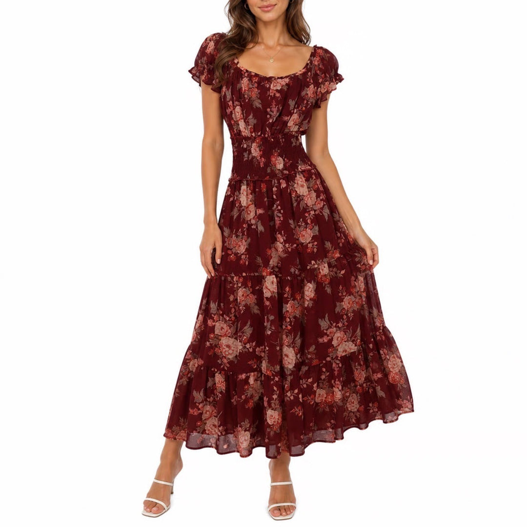 Trixxi Burgundy Floral Maxi Dress XS Smocked Waist Tiered Ruffle