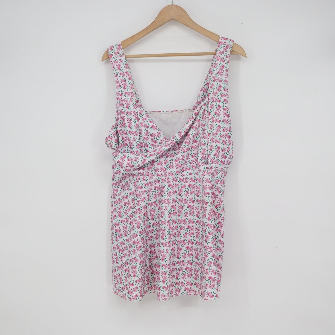Floral Print Surplice Swim Top Pink White Plus Size 4XL Crossover Tankini