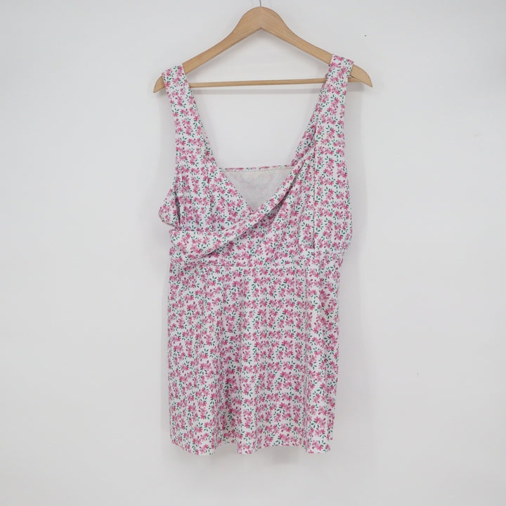 Floral Print Surplice Swim Top Pink White Plus Size 4XL Crossover Tankini