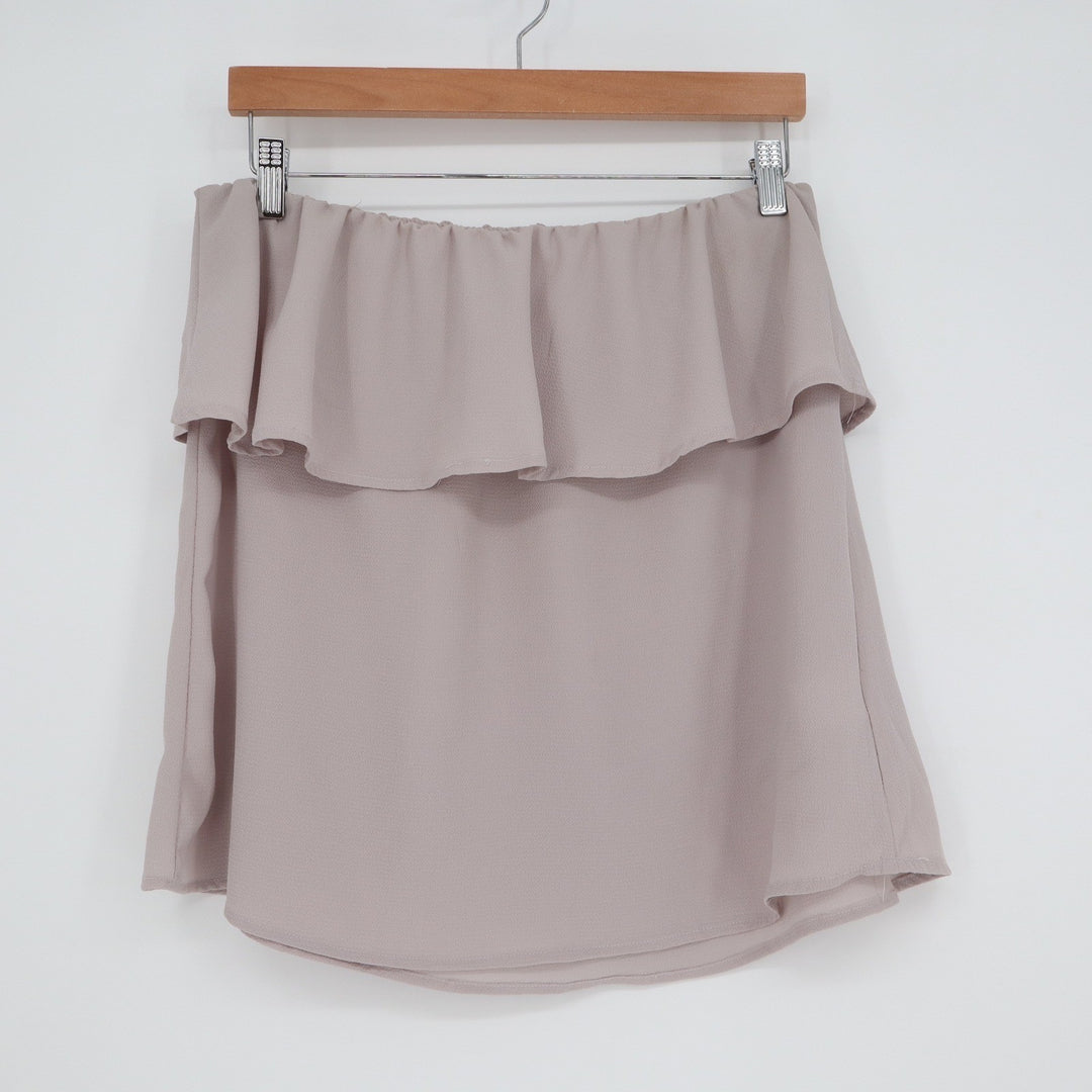 Grey Off the Shoulder Ruffle Flounce Top Medium Taupe Minimalist Blouse